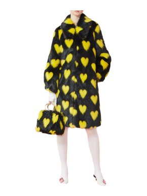 Shrimps Yellow & Black Heart Faux Fur Coat