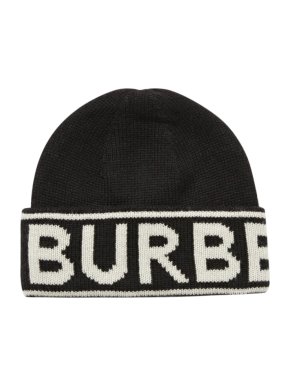Burberry Black Intarsia Knit Logo Beanie