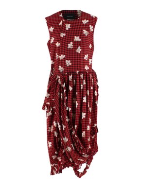 Simone Rocha Red & Black Silk Gingham & Floral Ruffled Dress