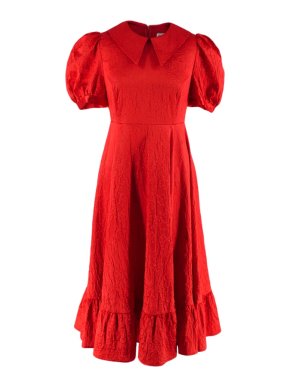 Shrimps Red Satin Floral Textured Puff Sleeve Dress