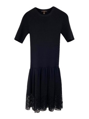 Louis Vuitton Black Wool Drop Waist Crochet Trim Dress