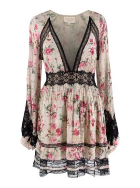 Rococo Sand Pink & Black Chiffon & Lace Mini Dress