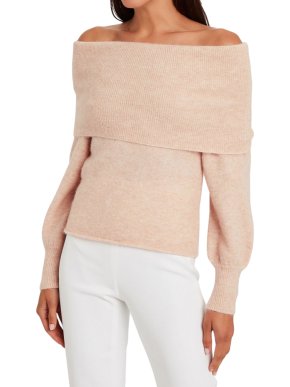 Michelle Mason Nude Wool & Alpaca Blend Off The Shoulder Knit Sweater