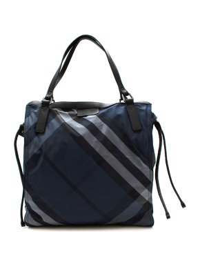 Burberry Blue Checkered Print Nylon & Leather Tote Bag