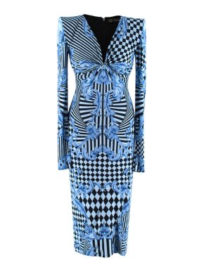 Versace Blue Harlequin Baroque Print Draped Dress