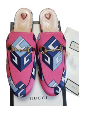 Gucci Pink Satin Geometric Print Princetown Slippers