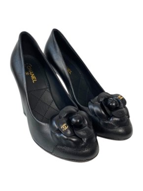 Chanel Black Leather Camellia Pumps