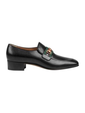 Gucci Black Leather Horsebit Web Stripe Loafers