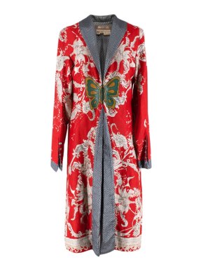 Voyage Red Linen Floral Butterfly Patch Vintage Coat