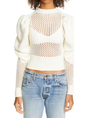 Isa Boulder Ivory Puff Sleeve Open Knit Sweater