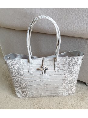 Longchamp Ivory Roseau Croc Embossed Tote Bag