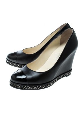 Chanel Black Leather Chain Detail Cap Toe Wedge Pumps