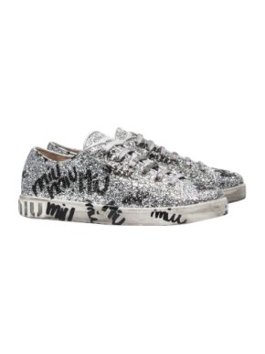 Miu Miu silver logo graffiti glitter leather sneakers