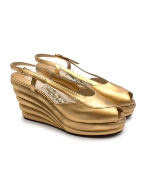 Salvatore Ferragamo Gold Leather Dotted Limited Ed. 1942 Wedge Shoes