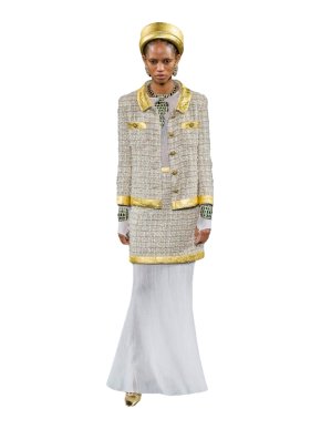 Chanel Tweed Metallic Leather Trimmed Runway Skirt Suit