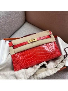 Hermes Kelly Pochette Rouge de Ceour Shiny croc with Gold Hardware