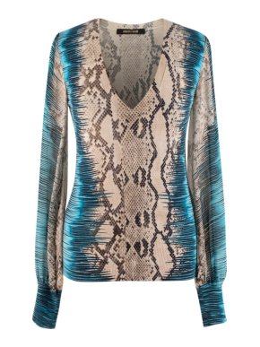 Roberto Cavalli Snake Print Silk & Cashmere V Neck Sweater