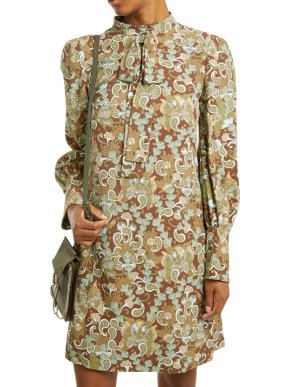 Chloe Green Floral Print Crepe Runway Dress