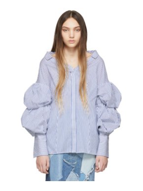 Enfold Blue Puff Sleeve Striped Blouse