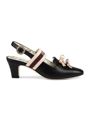 Gucci Black Leather Double Bow Web-Strap Slingbacks