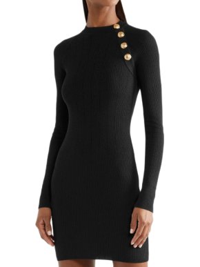 Balmain Black Ribbed Knit Button Detail Mini Dress