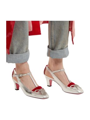 Gucci Metallic Silver & Red Velvet Crystal Embellished Pumps