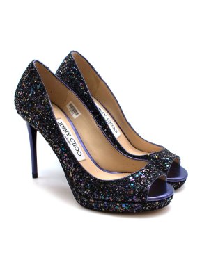 Jimmy Choo Purple Glitter Peep Toe Platform Pumps Size 34