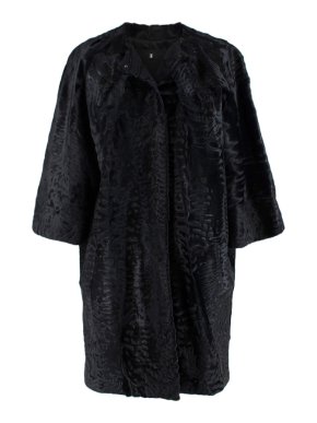 J Mendel Black Astrakhan Fur Collarless Coat