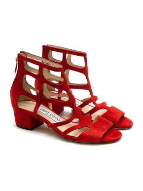 Jimmy Choo Red Suede Ren Caged Block Heel Sandals Size 34