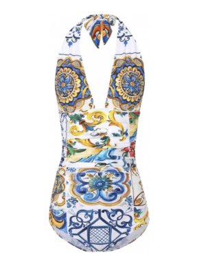 Dolce & Gabbana Majolica Print Halterneck Swimsuit