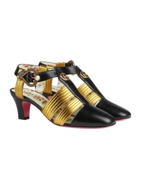 Gucci Black & Gold Leather T-Bar Pumps