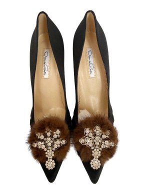 Oscar de La Renta Black Fur Crystal Embellished Satin Pumps