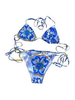 Dolce & Gabbana Blue Majolica Print String Bikini