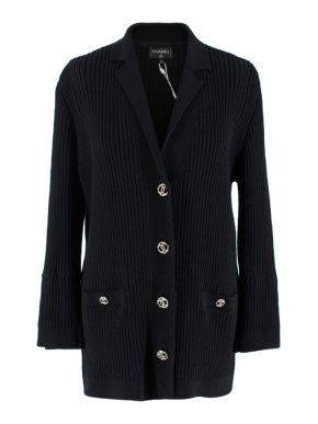 Chanel Black CC Ribbed Knit Cotton Cardigan