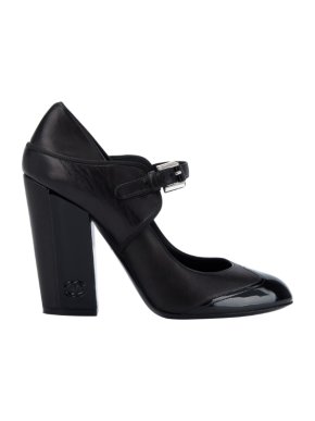Chanel Block Heeled Patent Cap-Toe Mary Janes