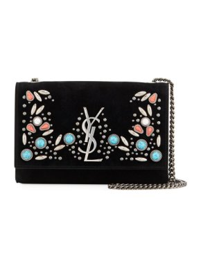 Saint Laurent Kate Monogram Small Stone-Studded Suede Shoulder Bag