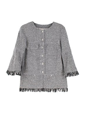 Chanel Black & White Boucle Tweed Fringed Collarless Jacket