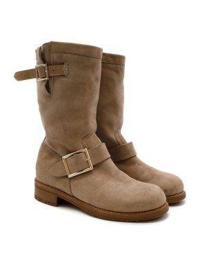 Jimmy Choo Beige Suede Biker Ankle Boots: Size 34.5