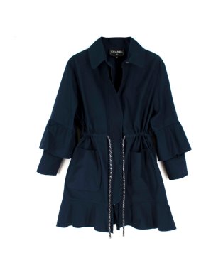Chanel Navy Ruffled Coat with Tweed Drawstring Waist