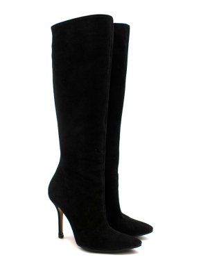 Oscar de la Renta Black Suede Heeled Knee Boots
