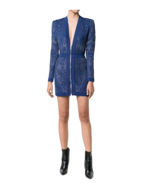 Balmain Blue Floral Stretch Knit Zip Front Dress