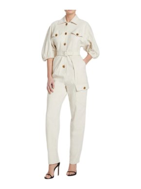 Divine Heritage Ivory Button-Up Belted Jumpsuit