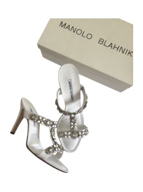 Manolo Blahnik White Crystal Embellished Sandals