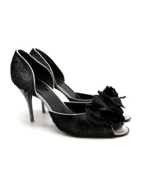 Rochas Black Metallic Ponyhair Peep-Toe Pumps