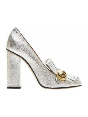 Gucci Silver Crackled Leather Marmont Heeled Loafers