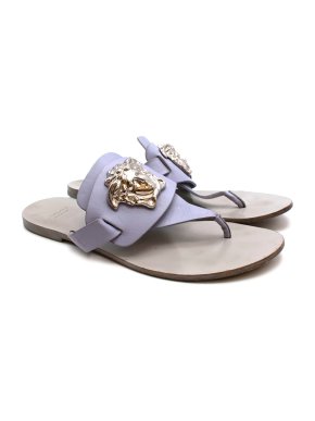 Versace Silver Medusa Palazzo Lavender Leather Thong Sandal