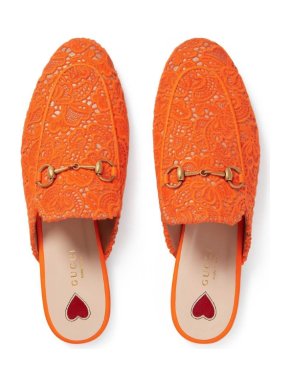Gucci Orange Lace Princetown Slippers