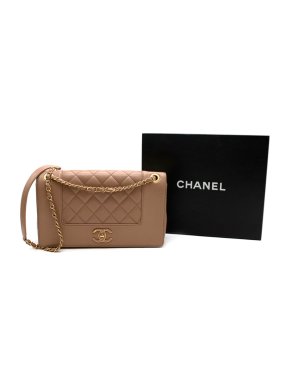 Chanel Tan Calfskin Smooth & Quilted Double Flap Bag