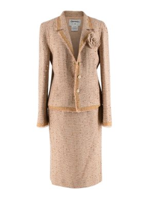 Chanel Beige Embellished Tweed Skirt Suit with Camellia Brooch
