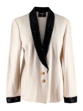 Chanel Iconic Vintage Ivory & Black Embellished Knit Jacket